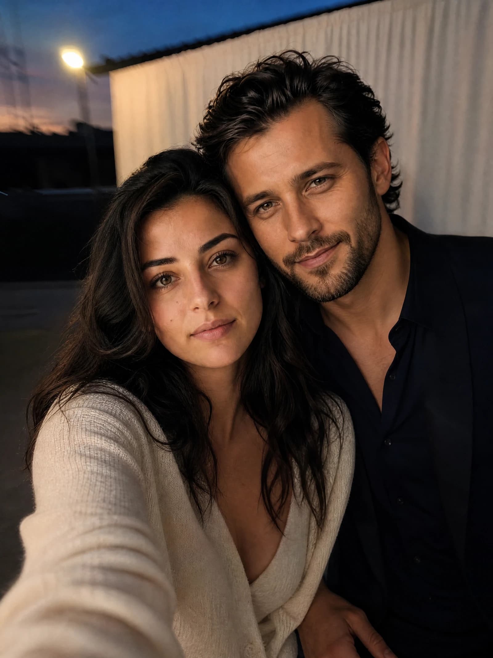 Original fictional adult pair in a casual selfie workflow example.