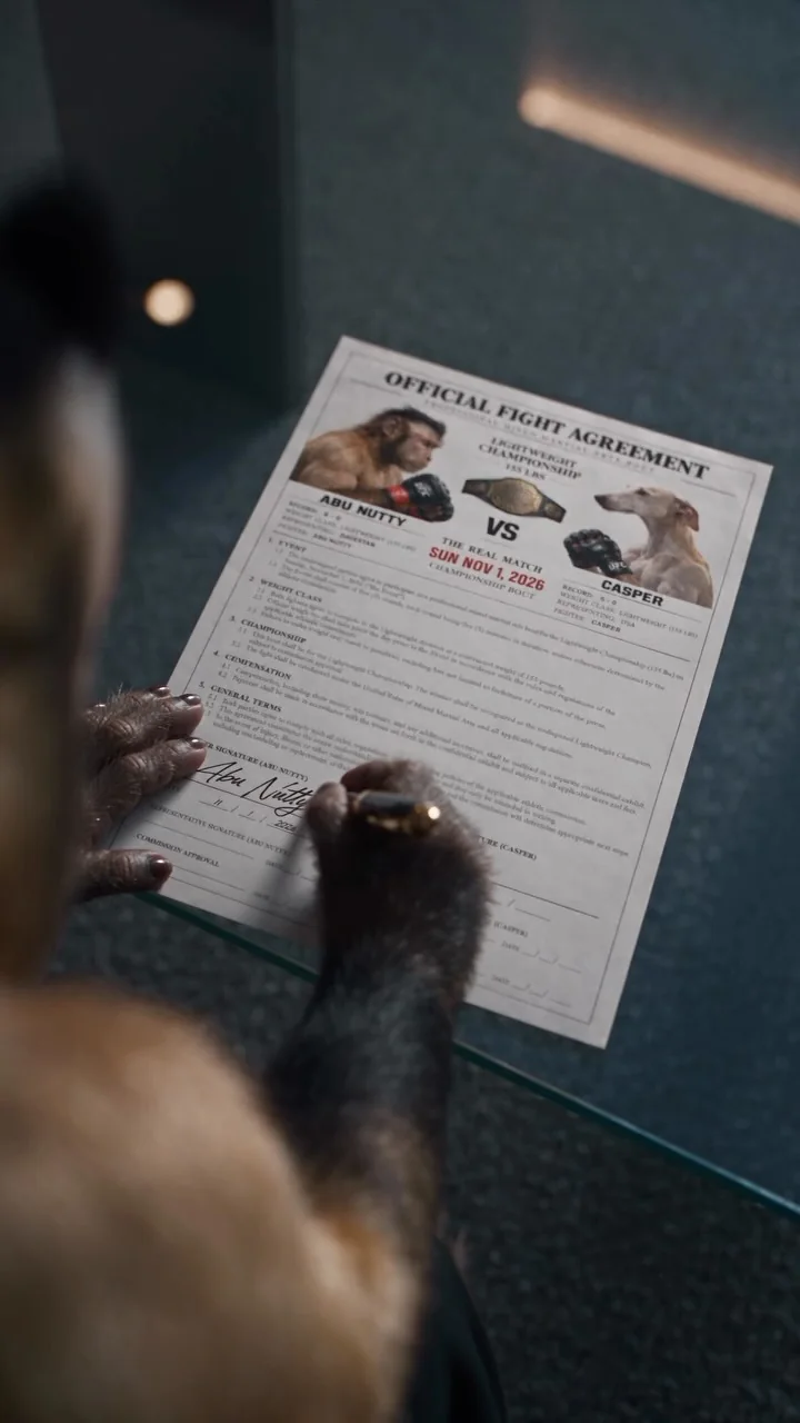 Original announcement video preview showing Abu Nutty signing a fictional fight-agreement prop