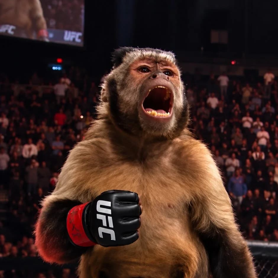 Abu Nutty official account avatar: a monkey wearing a black MMA glove in an arena