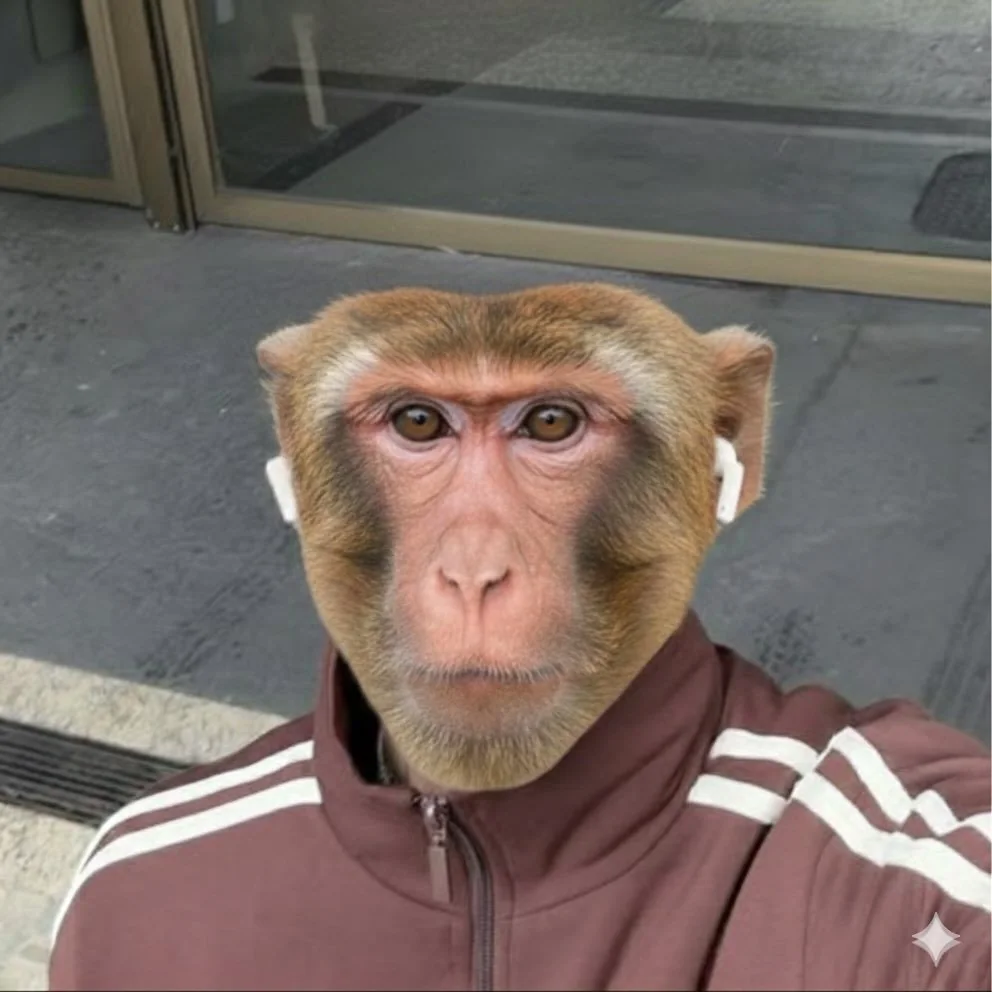 Cuca Beludo official account avatar: a monkey in a burgundy track jacket with white stripes
