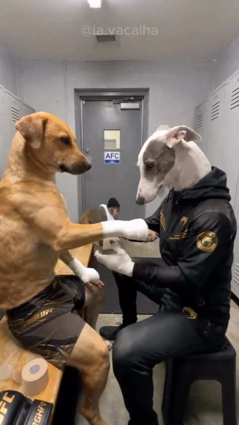 Original locker-room crossover preview showing two fictional dog characters preparing a wrapped hand