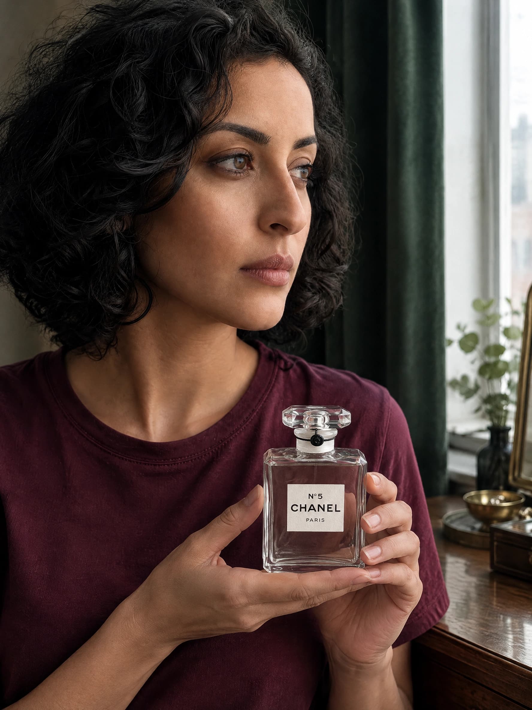 Real Flare test output of a fictional adult influencer holding the referenced perfume bottle