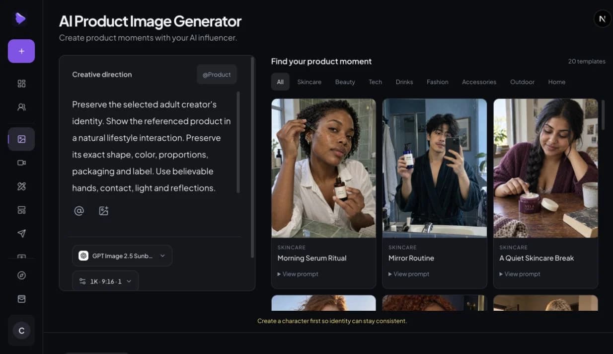 Actual Product Image workspace showing Creative direction, @Product, reference upload, model settings and product interaction templates