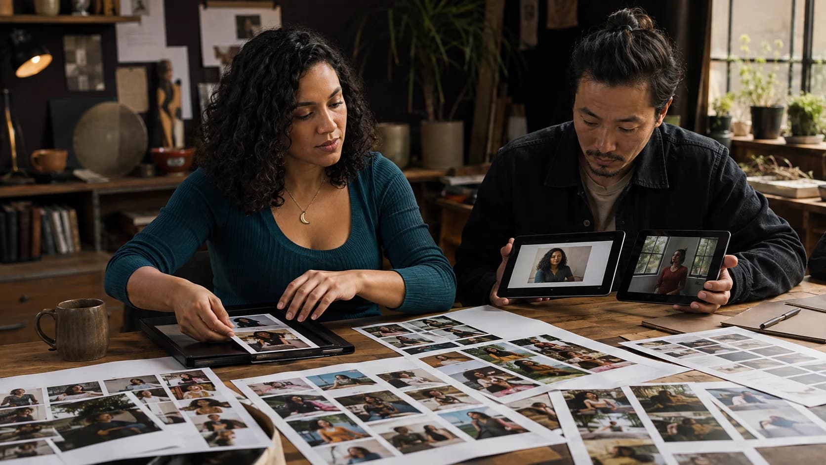 A fictional adult creator and a producer sorting consistent photo and short-video materials at a studio table.