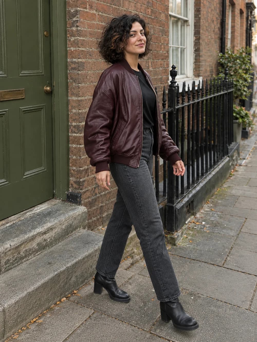 After, photo 4: Natural Candid Shot, same fictional adult, burgundy outfit and brick-street location