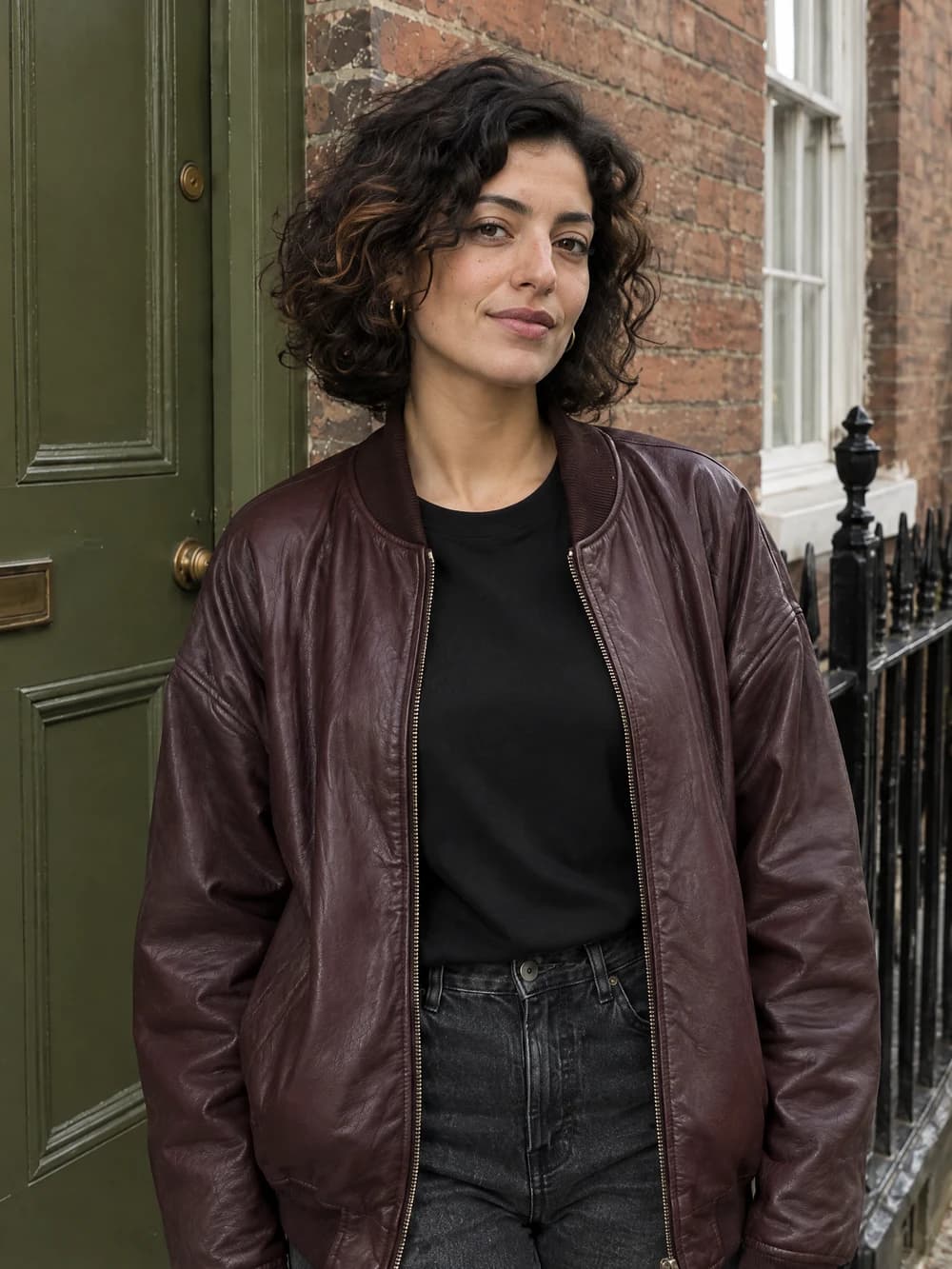 After, photo 2: Medium Shot, same fictional adult, burgundy outfit and brick-street location
