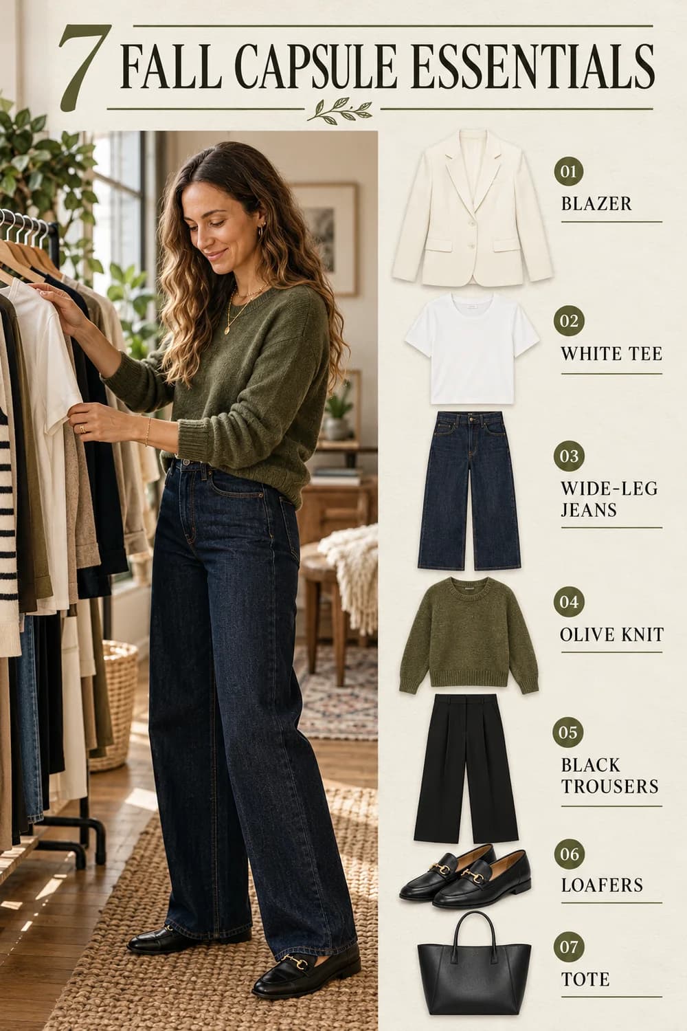 Fictional adult character choosing a white tee beside an illustrated seven-item fall capsule wardrobe checklist