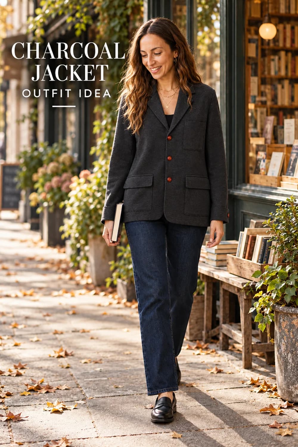 Fictional adult fashion character holding a book outside a bookshop in a charcoal jacket, with the words Charcoal Jacket Outfit Idea