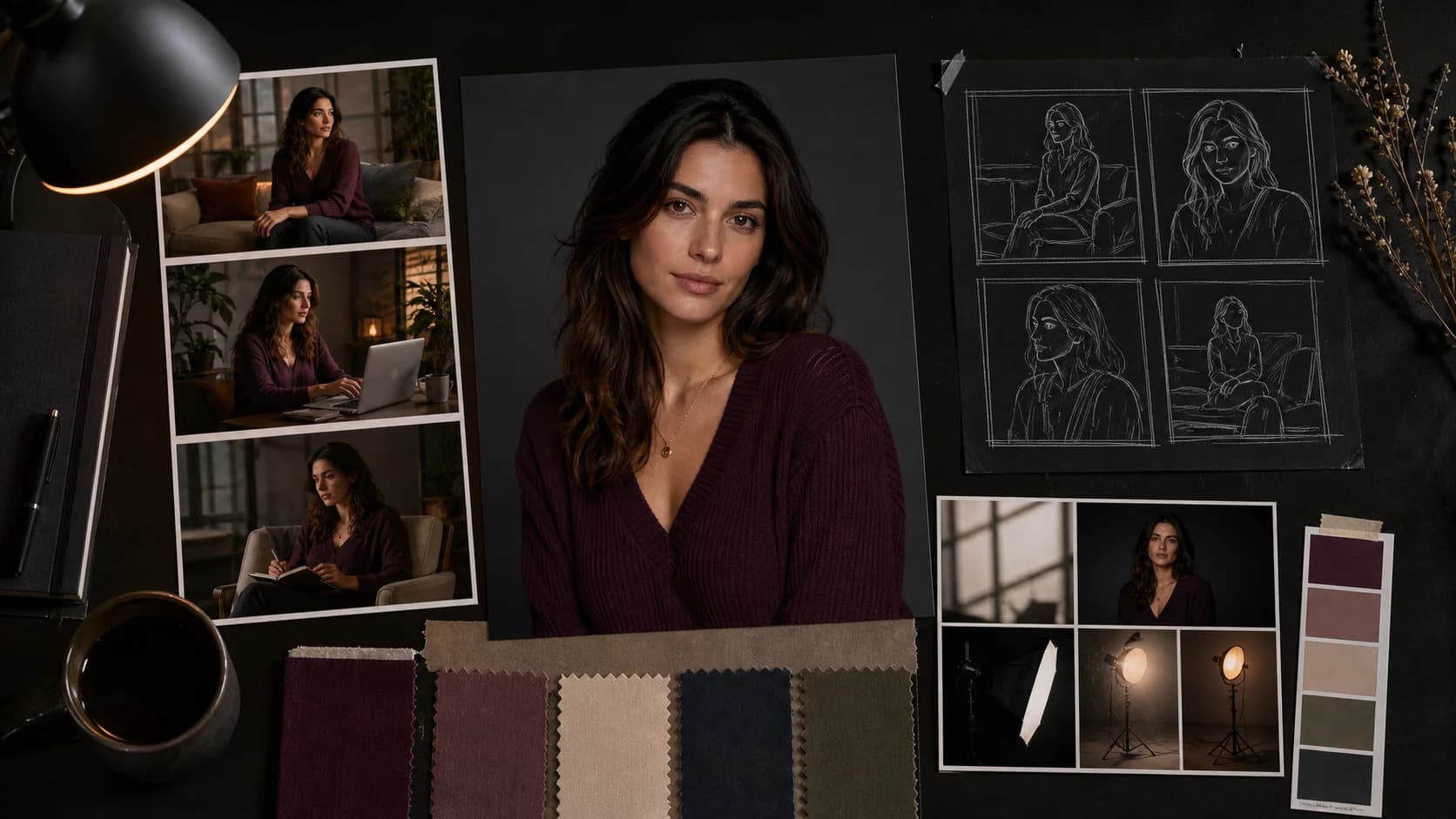 Editorial planning workspace for a fictional adult AI influencer, with identity references, scene studies, camera framing, lighting, and wardrobe colors.