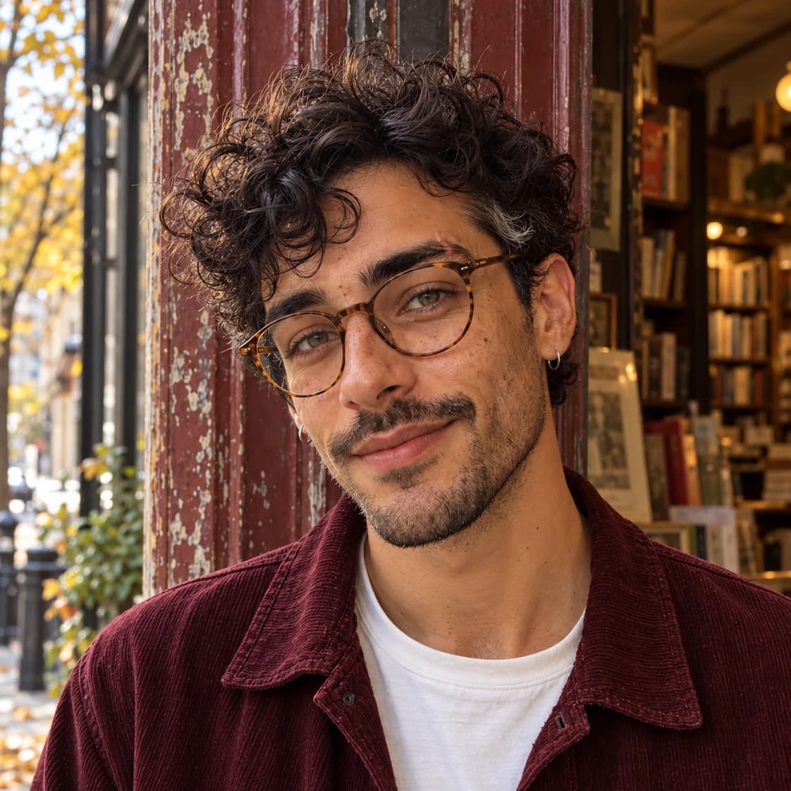 Square avatar crop of fictional Eli with curls, amber glasses and a silver hoop
