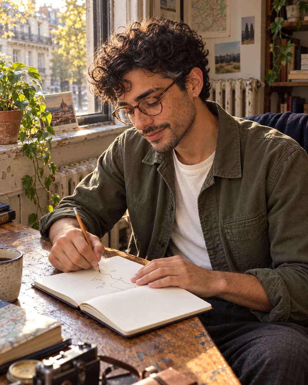 Eli in a muted olive shirt sketching a route in a notebook beside a lived-in apartment window