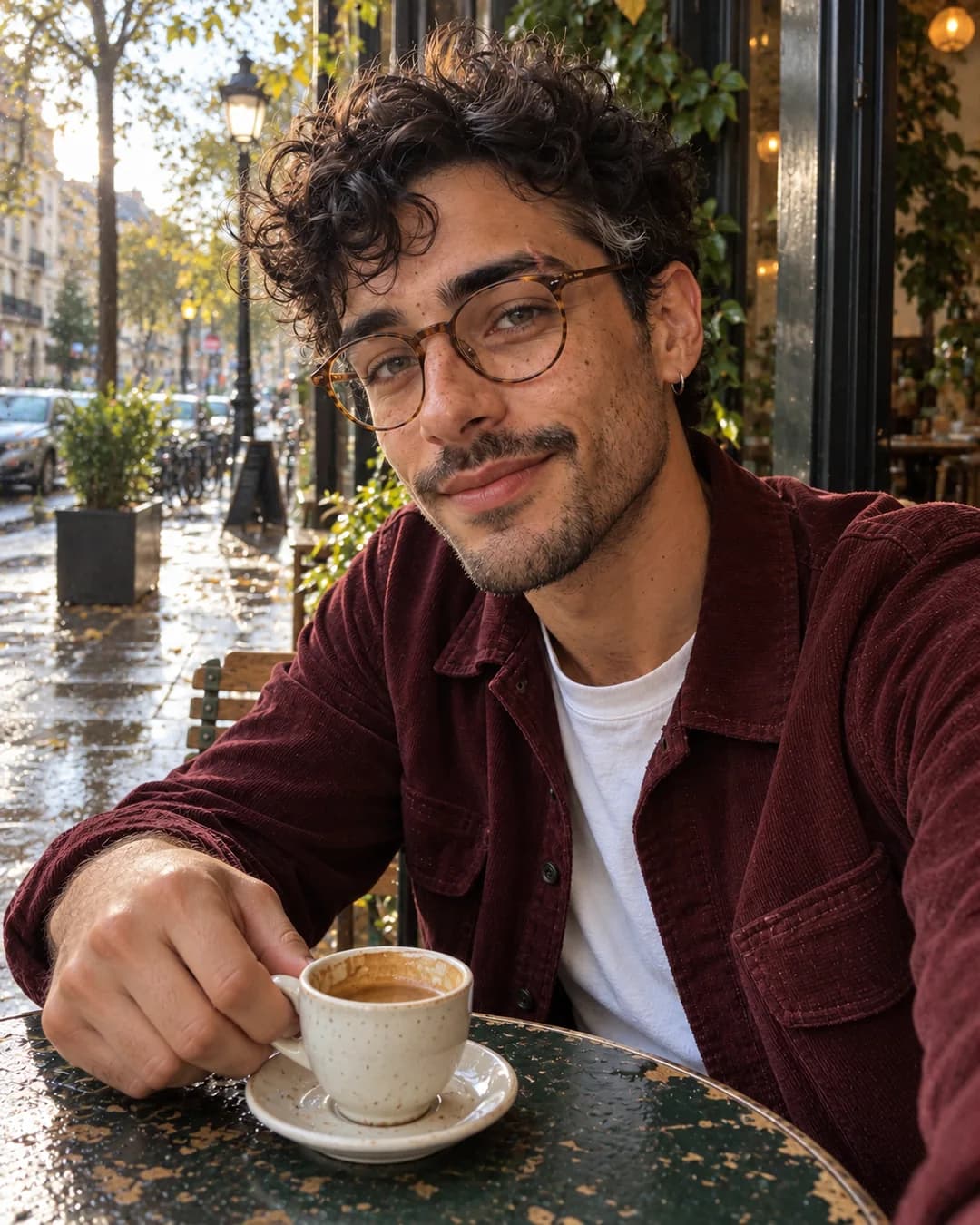 Eli in amber glasses and a burgundy corduroy jacket holding an espresso cup at a worn outdoor cafe table