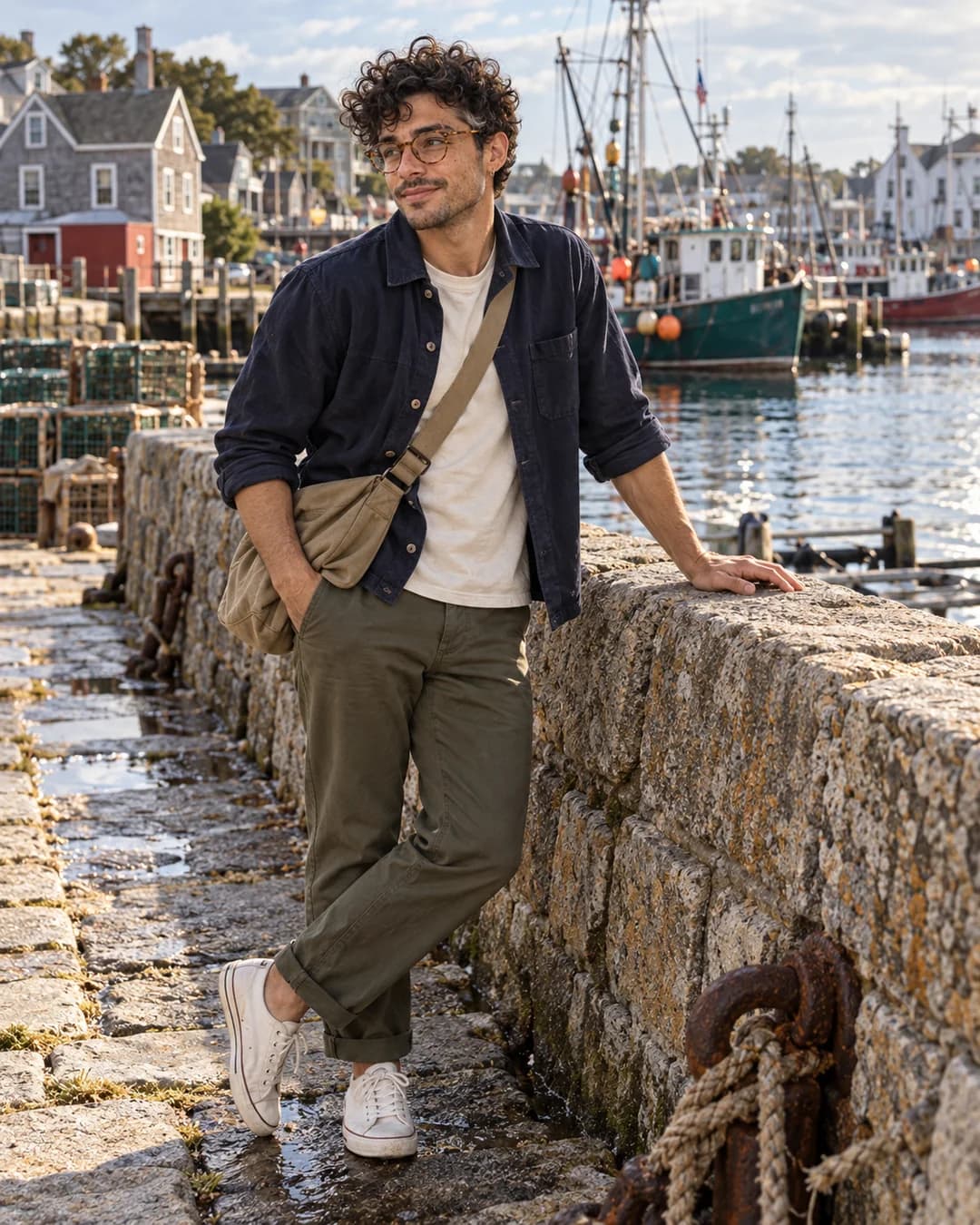 Full-body Eli in an indigo overshirt and olive trousers leaning on a weathered harbor wall beside fishing boats
