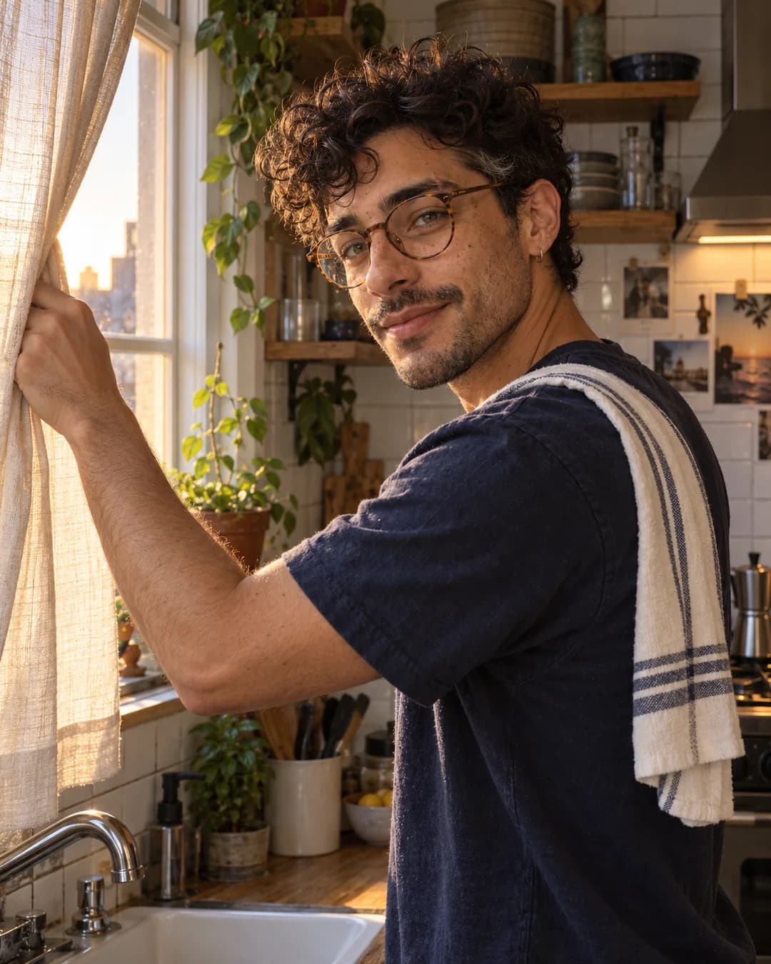 Fictional Eli opening a linen kitchen curtain in an indigo tee with a striped towel over one shoulder