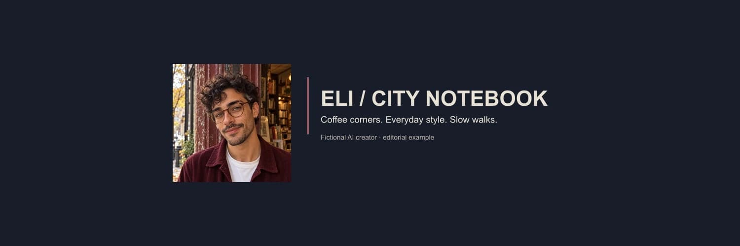 Optional X header with Eli's portrait and the words Eli, City Notebook, coffee corners, everyday style, slow walks, fictional AI creator