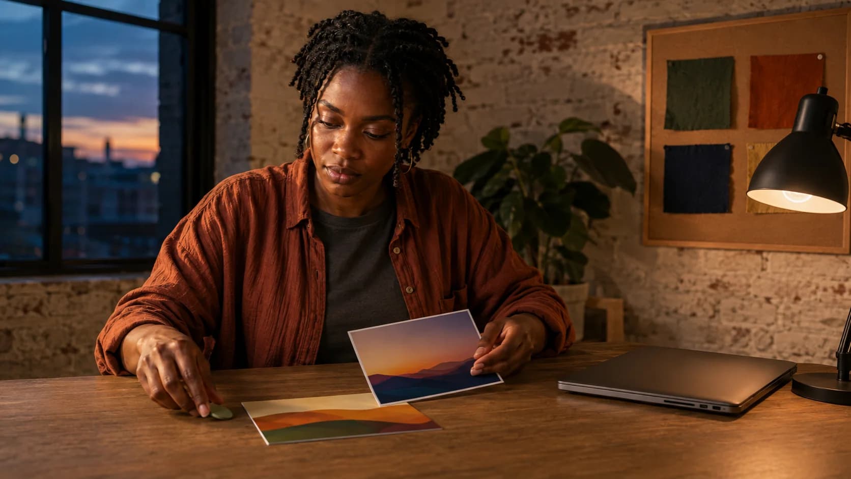 A fictional adult creator comparing two content prints during a human brand-safety review.