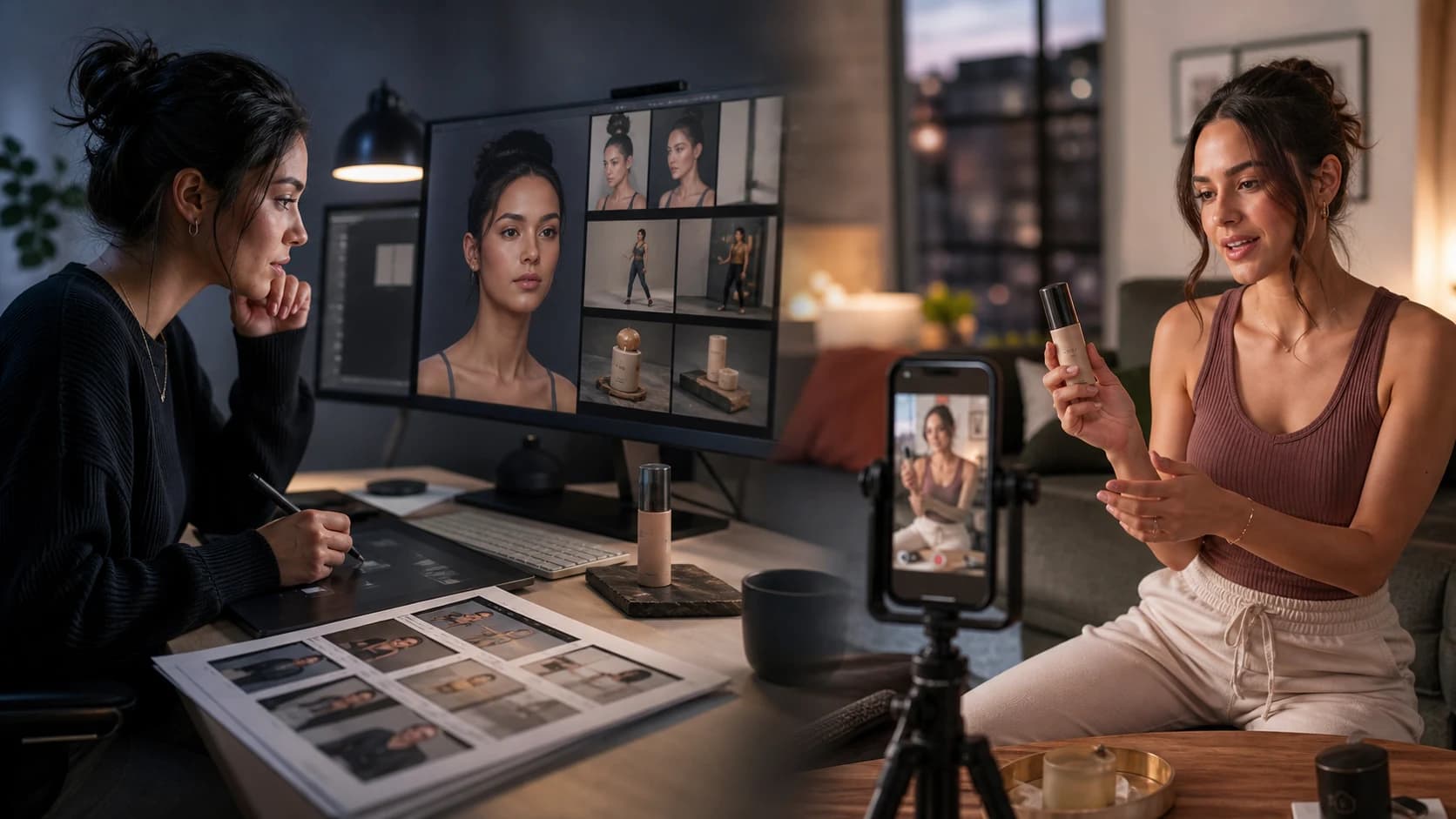 Editorial comparison of an AI-assisted fictional creator workflow and a human creator filming an authorized product demonstration.