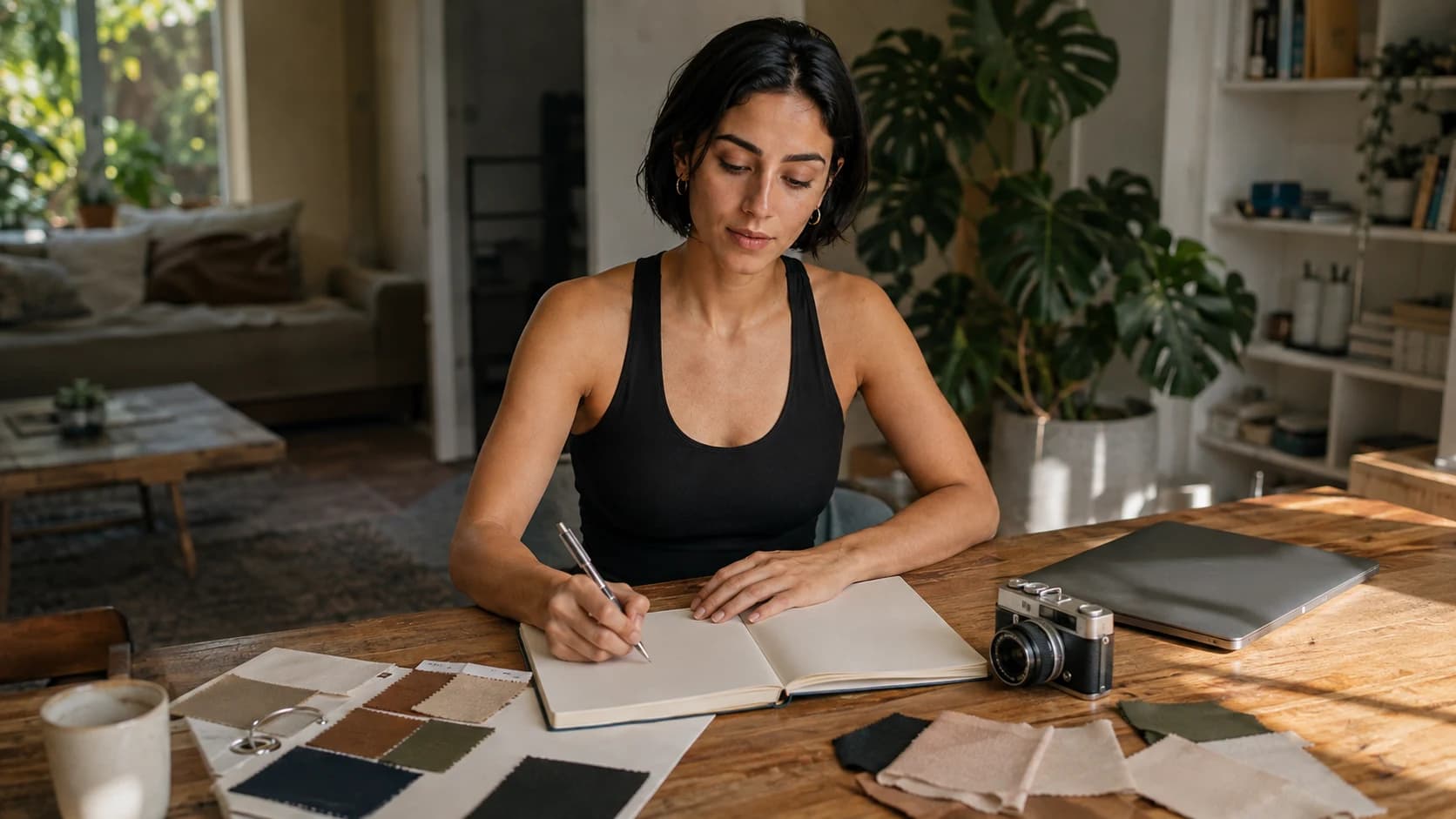 Fictional adult creator writing a character brief beside wardrobe swatches and a camera in a sunlit apartment.