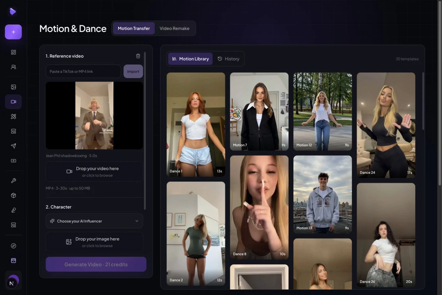 Actual Motion and Dance workspace with a reference-video input, character selector and Motion Library