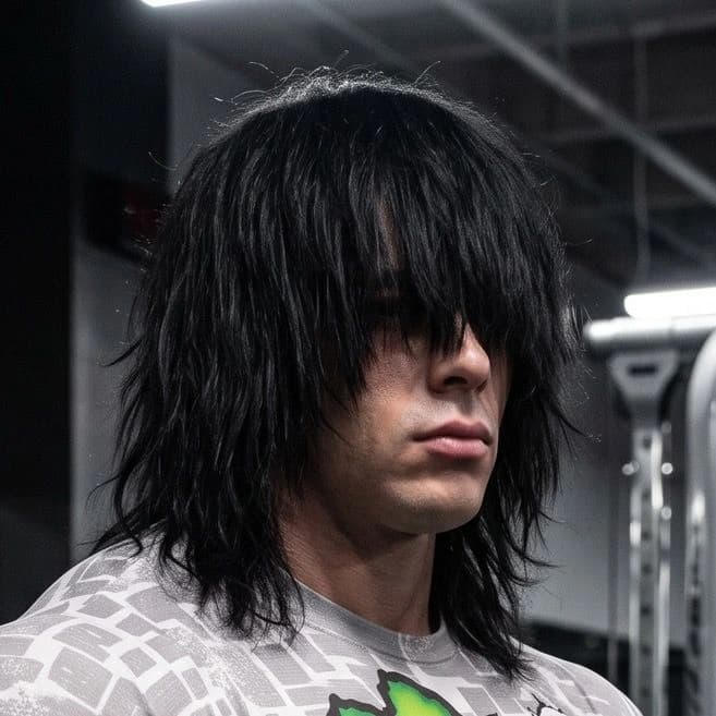 Derek Mercer account portrait with black emo fringe and exaggerated muscular build