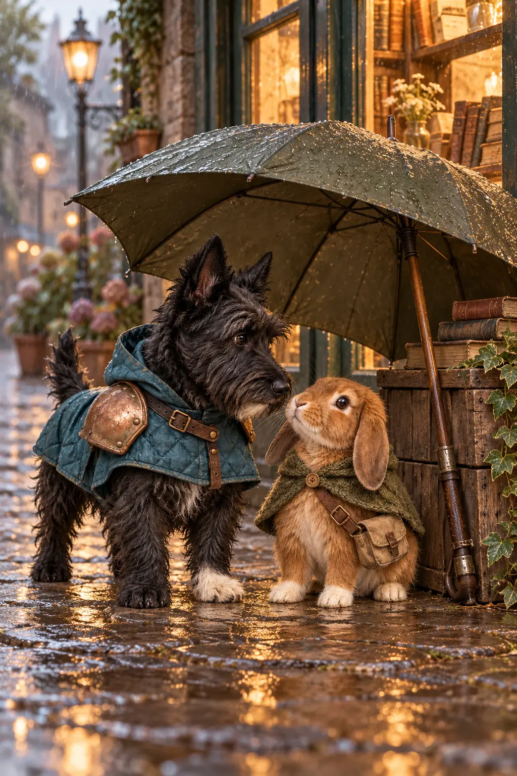 Moss the terrier and Pip the rabbit shelter beneath an umbrella on a rainy street