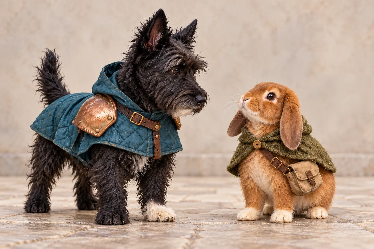 Original fictional charcoal terrier Moss and cinnamon rabbit Pip shown as a character-reference concept