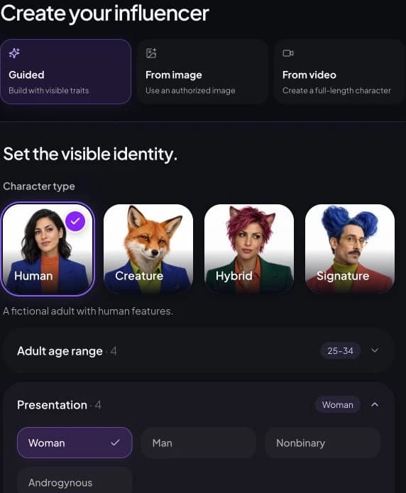 Real Guided Character Builder showing character type, adult age range and presentation controls.