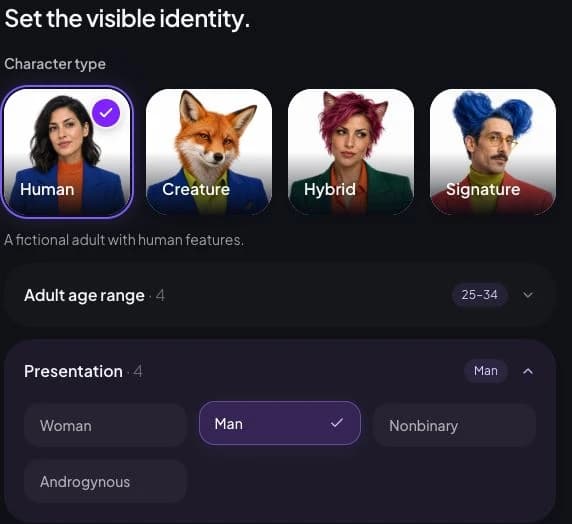 Actual Guided character form with Human, adult age 25–34 and Man presentation selected.