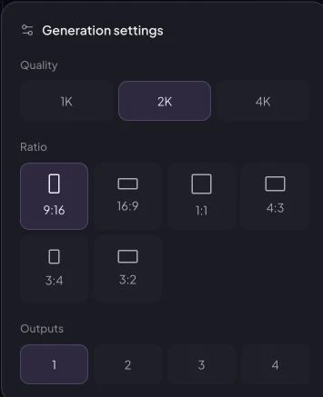 Real Generation settings menu with 2K quality, 9:16 ratio and one output selected.