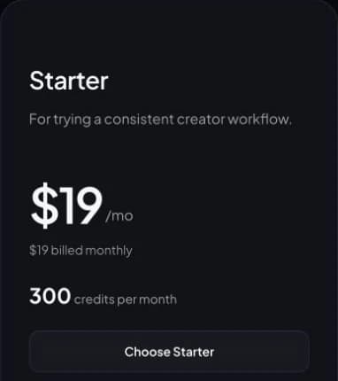 Readable real Starter card: 19 dollars billed monthly, 300 credits per month.