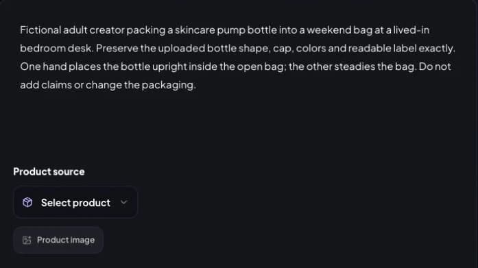 Real Creator + Product Photo direction field and Select product control; no product selected.