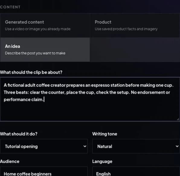 Real Create Content form with An idea, the espresso-station brief, Tutorial opening, Natural tone, Home coffee beginners audience and English language.