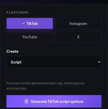 Real Create Content output choices with TikTok and Script selected, a five-free-generations note and Generate TikTok script options button.