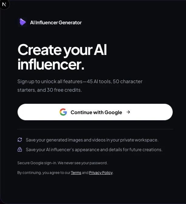 Real sign-in screen with Continue with Google and the advertised welcome-credit offer.