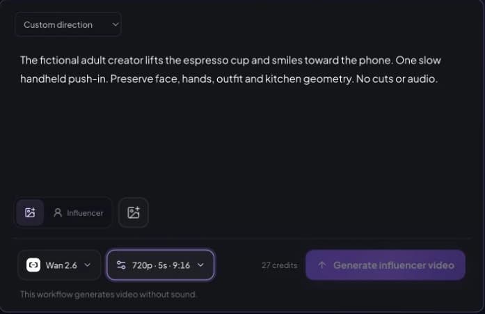 Real Create Video form with an espresso-cup motion prompt, Wan 2.6, 720p, five seconds, 9:16 and a 27-credit quote.