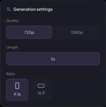 Real video Generation settings menu showing 720p quality, five-second length and 9:16 ratio.