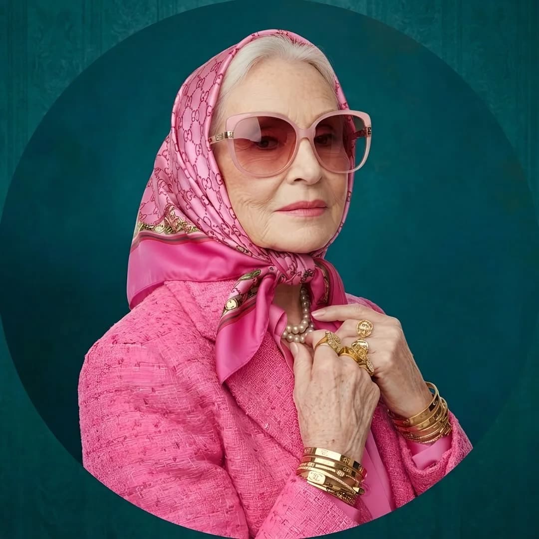 Granny Spills official account portrait: silver hair, pink scarf, tinted glasses and pink jacket