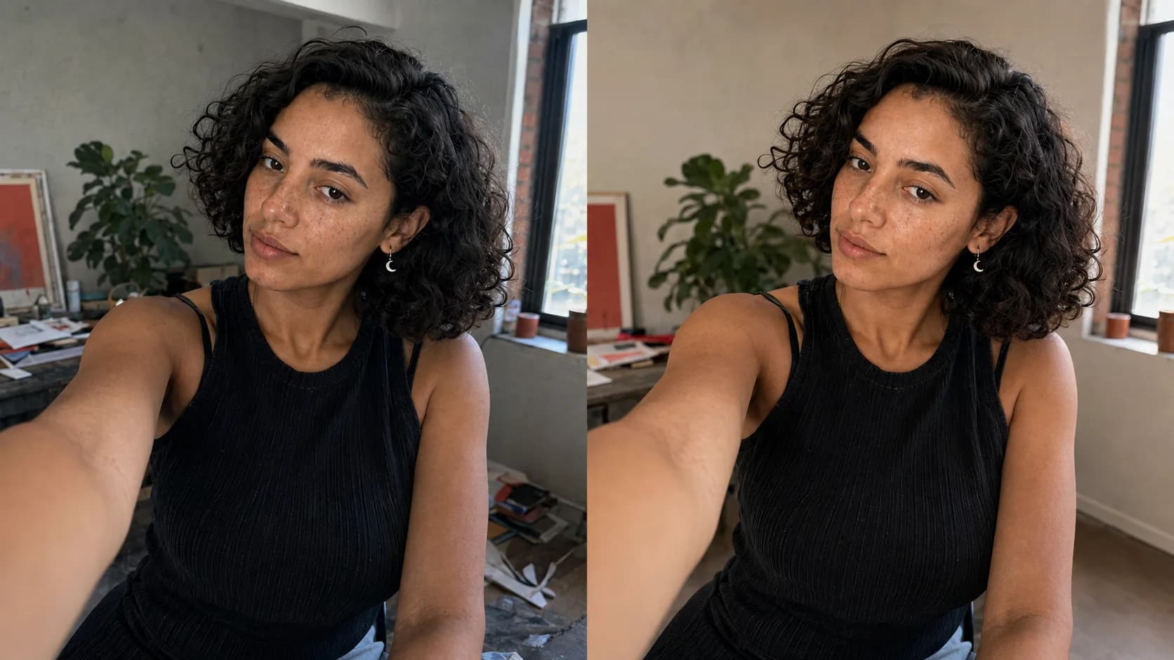 Illustrative comparison of the same fictional adult selfie before and after restrained lighting, color, and background cleanup.