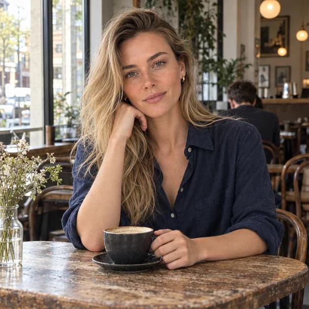 Same original fictional adult character in the café teaching scene: Navy shirt; seated at a worn table, hand around a cup handle.