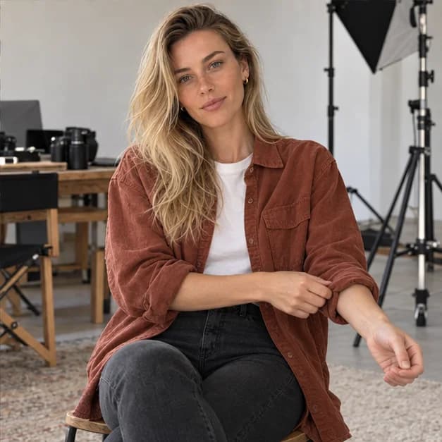 Generated teaching scene of the same adult creator in a rust overshirt, seated in a working studio and adjusting a cuff