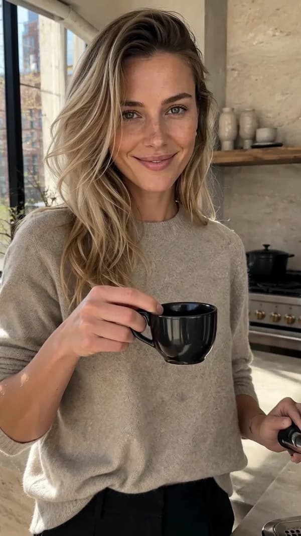 Actual 4.8s · near end frame from the archived clip of the same adult creator holding a cup