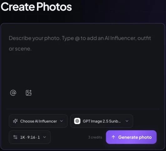 Actual Create Photos workspace with an AI influencer selector, prompt field, model and generation settings