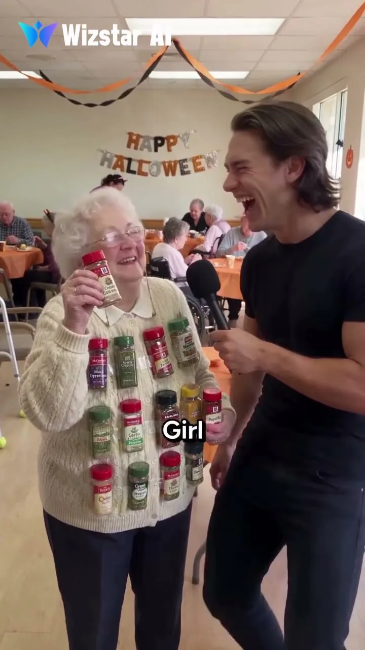 Source-video frame at three seconds: Joey laughs beside a woman wearing spice jars; the original Wizstar AI credit and Girl subtitle remain visible
