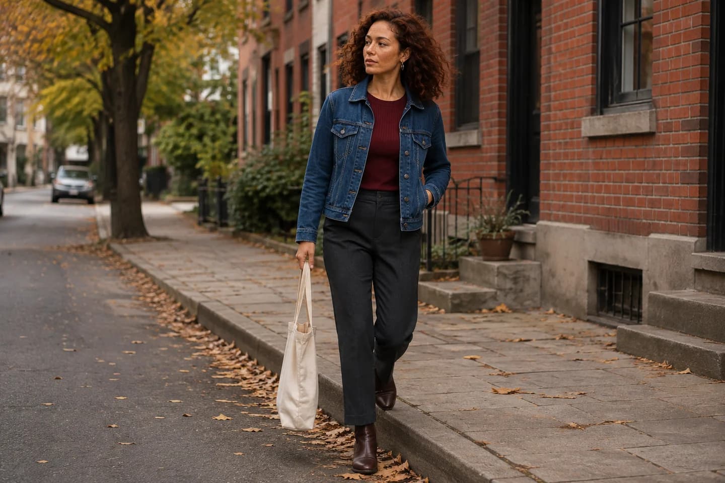 The fictional auburn-haired adult model wearing a denim jacket and burgundy top on a neighborhood street.