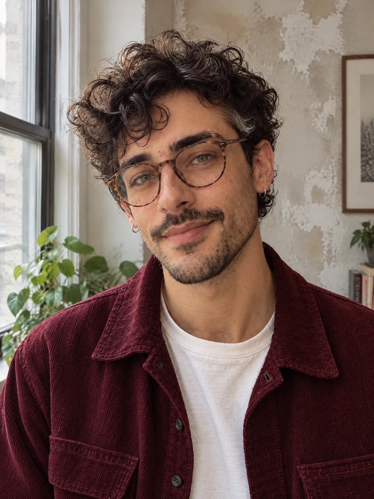 Actual reference-import test of Eli in a frontal daylight portrait with amber glasses and a burgundy jacket