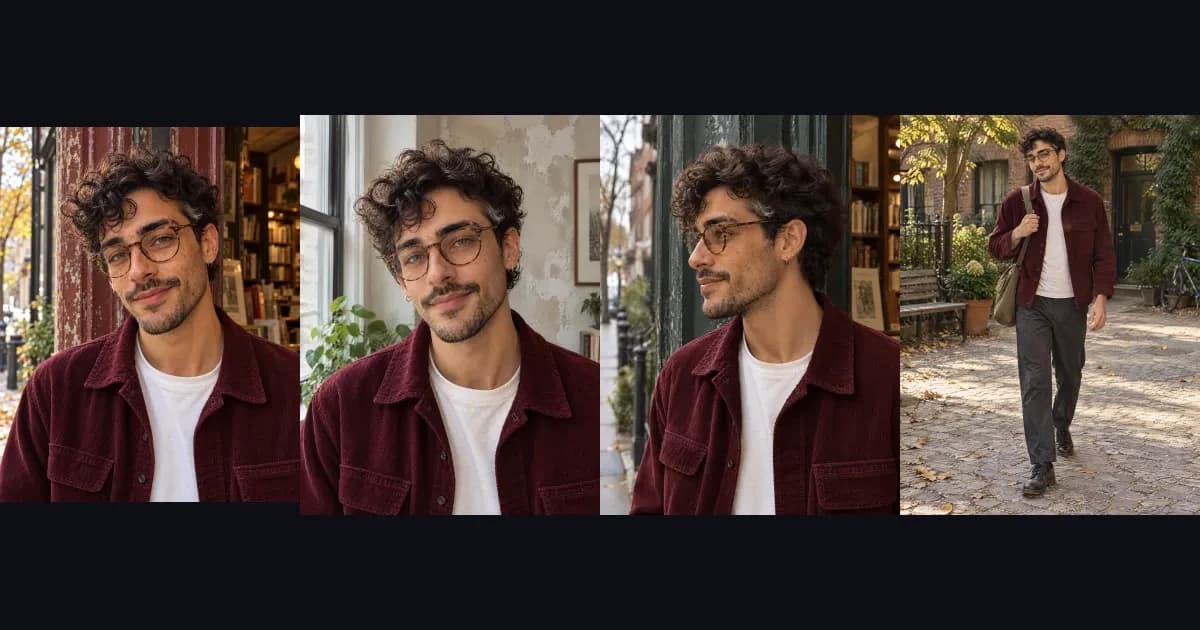 Left to right: original fictional Eli reference, then actual daylight, profile and full-body website outputs