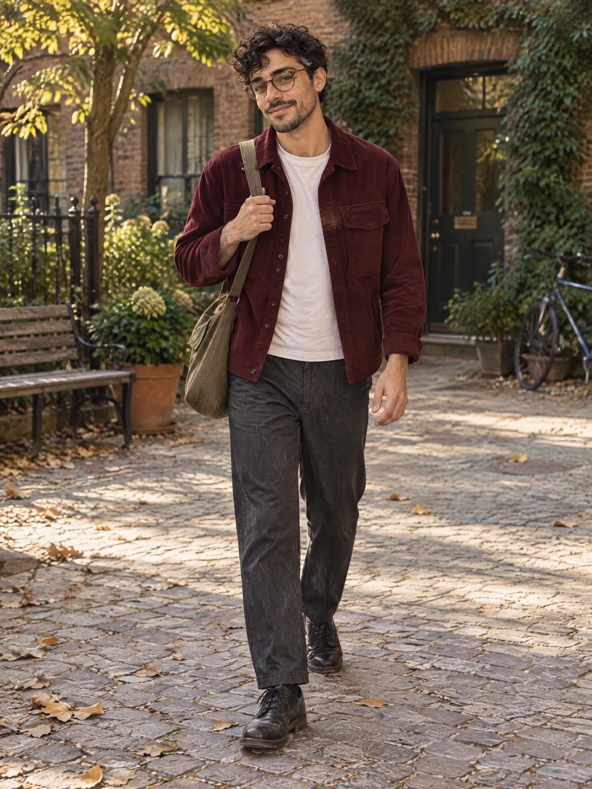 Actual full-body lifestyle test of the reference-imported fictional Eli character walking through a courtyard
