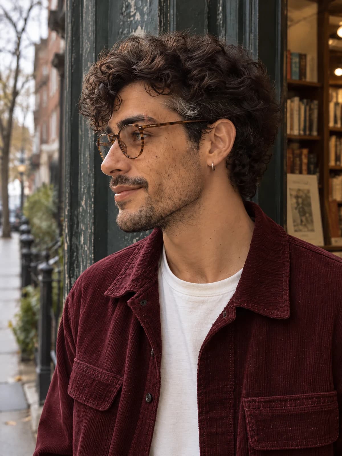 Actual side-profile street test of the imported fictional Eli identity beside a weathered bookshop