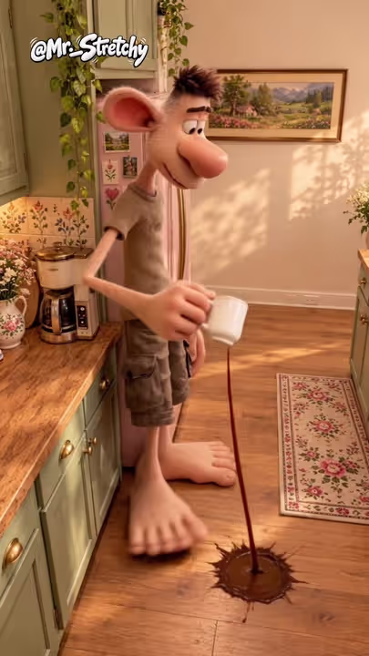 Original TikTok preview showing Mr. Stretchy spilling a drink on the kitchen floor beside a mat