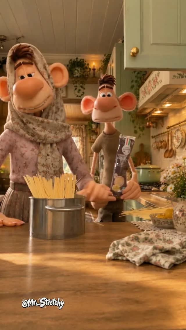 Official Mr. Stretchy Instagram preview showing the scarf-wearing wife in front and the large-eared husband behind her in the kitchen